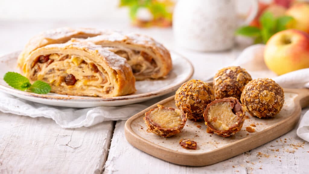 Apfelstrudel und Apfelstrudel Pralinen auf einem Bild schön angerichtet auf einem Tisch