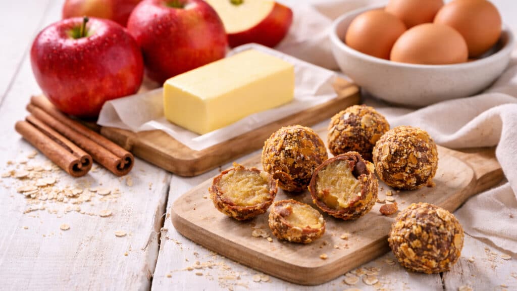 regionale Zutaten auf einem Holztisch - Butter, Äpfel, Eier und davor sind Apfelstrudel Pralinen aufgelegt